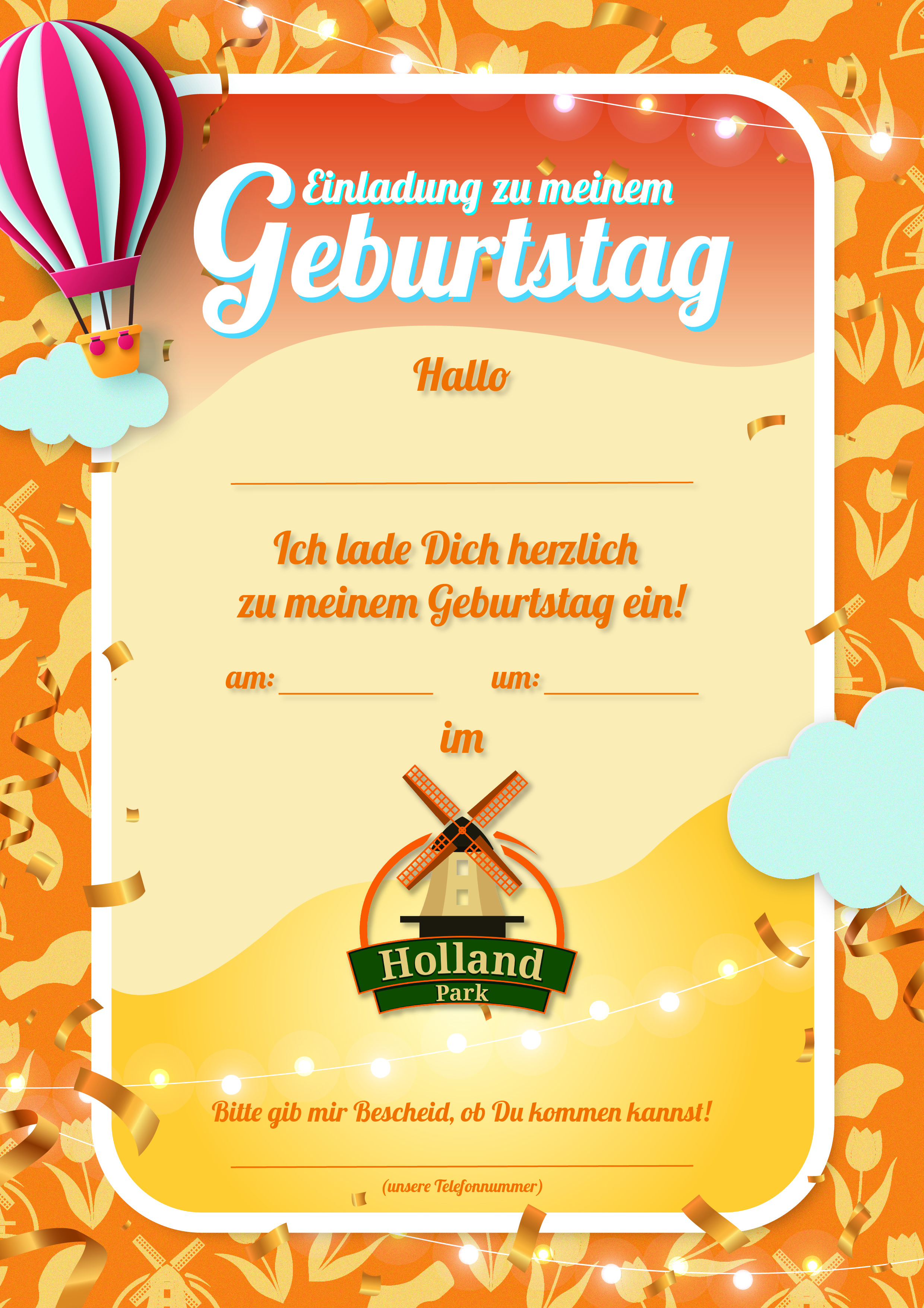 Einladungskarte zum Kindergeburtstag im Holland Park – Download in Orange Einladungskarte zum Kindergeburtstag im Holland Park – Download in Orange