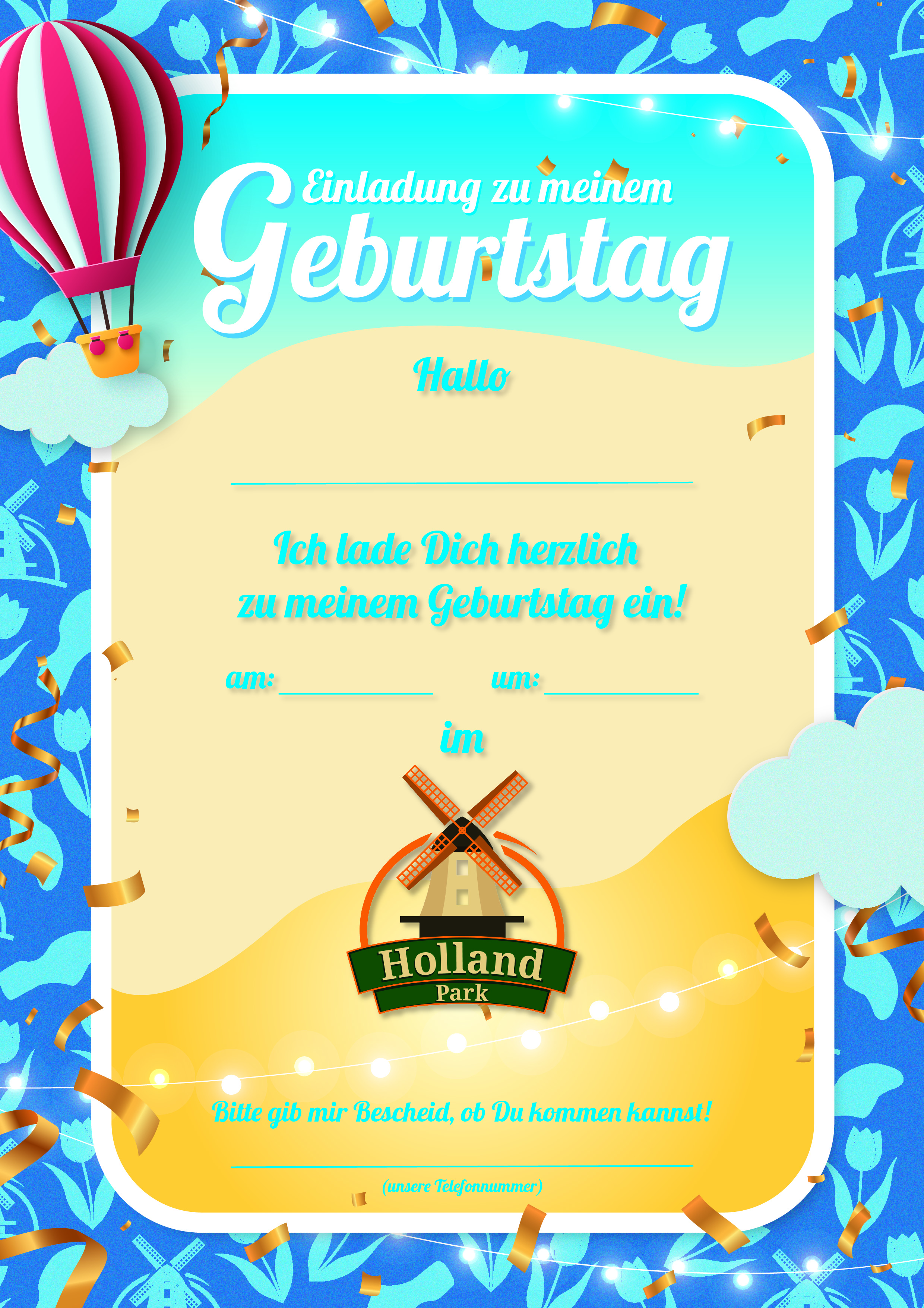 Einladungskarte zum Kindergeburtstag im Holland Park – Download in Blau Einladungskarte zum Kindergeburtstag im Holland Park – Download in Blau